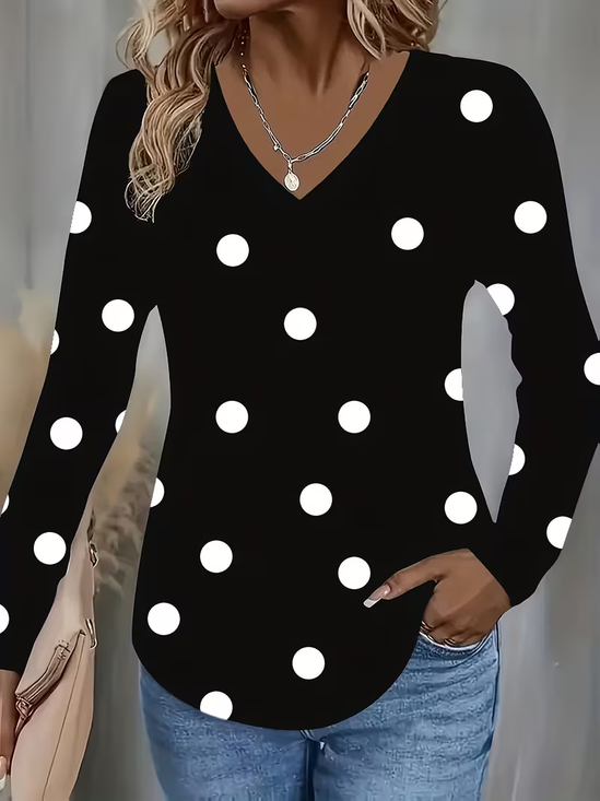 Casual Polka Dots V Neck Long Sleeve T-shirt