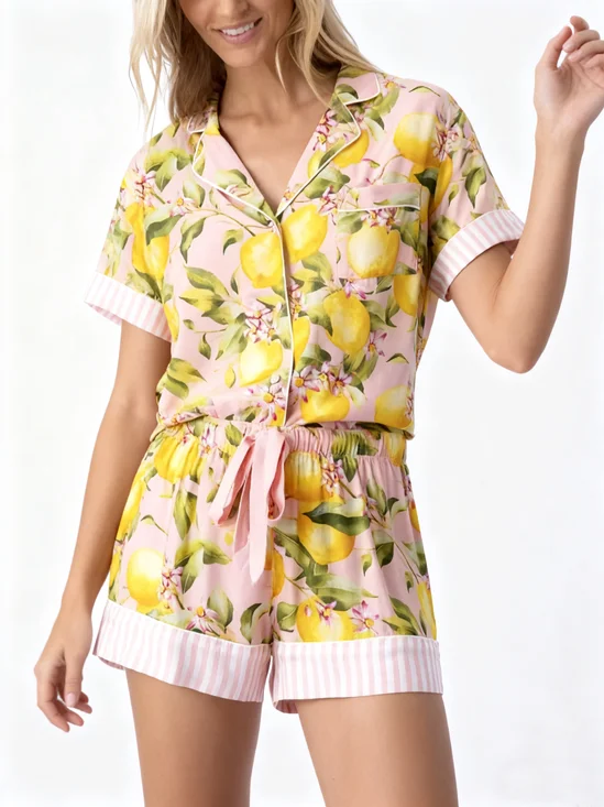 Lapel Collar Casual Lemon Loose Fit Pajama Set