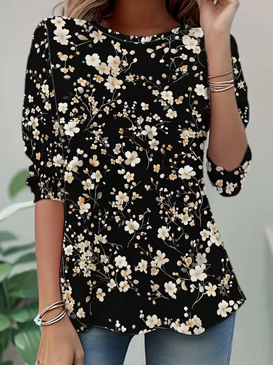 Casual Floral Crew Neck Long Sleeve T-shirt