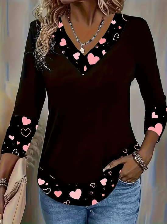Casual Heart/Cordate V Neck Long Sleeve T-shirt