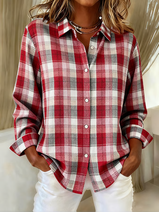 Shirt Collar Regular Sleeve Long Sleeve Plaid Buckle Regular Loose Button Up Shirt Shirt For Women