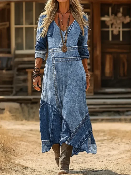שמלת מעבר ישרה בהדפס דמוי ג'ינס גרפי