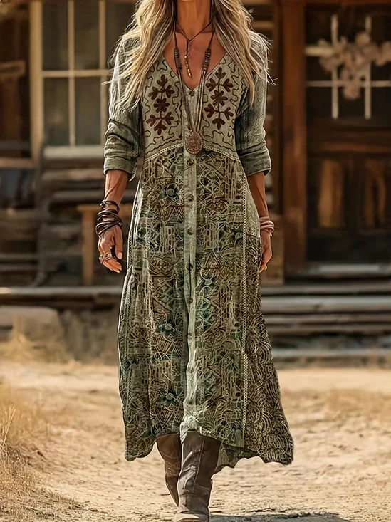 Women Abstract Spring/Fall Printing Dress V Neck…