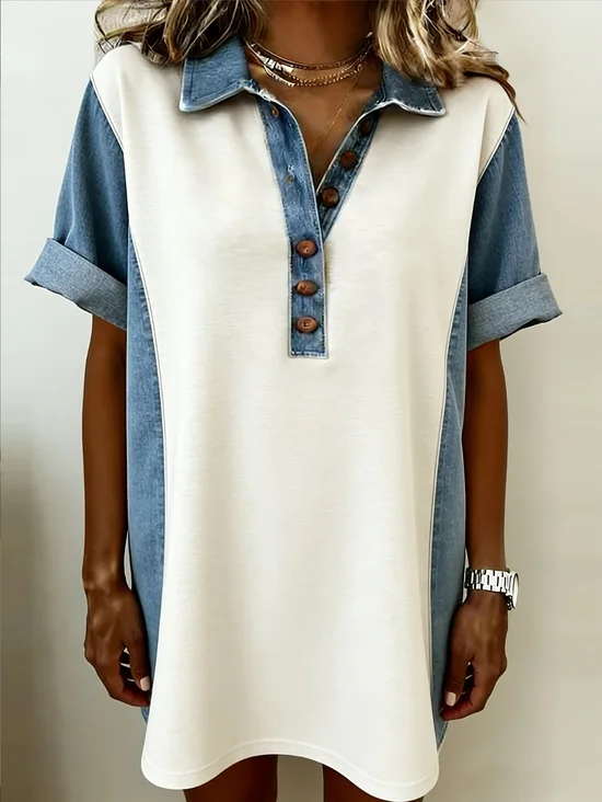 Women Color Block Summer Dress Shawl Collar Short Sleeve Fit & Flare Dress A-Line Dress