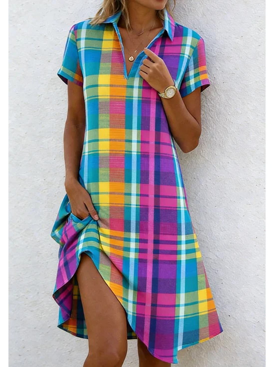 Women Plaid All Season Dress Shawl Collar Short Sleeve Shirt Dress A-Line Dress