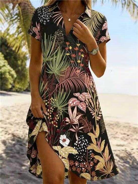 Women Floral Summer Dress Shawl Collar Short Sleeve Fit & Flare Dress A-Line Dress
