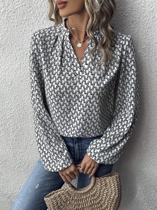 V Neck Balloon Sleeve Long Sleeve Geometric…
