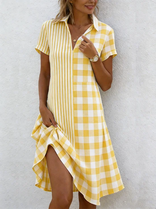 Women Striped All Season Dress Shawl Collar Short Sleeve Shirt Dress A-Line Dress