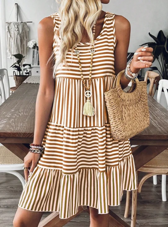 Women Striped Summer Dress Crew Neck Sleeveless Tank A-Line Dress