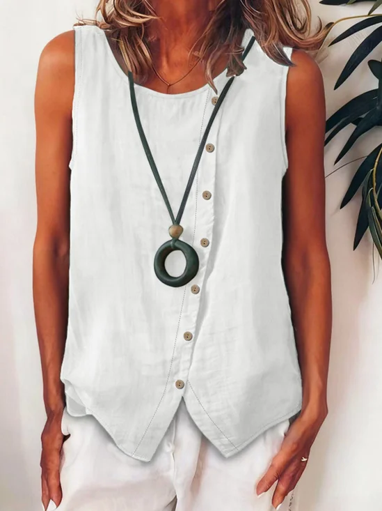 Crew Neck Sleeveless Plain Regular Loose Shirt…