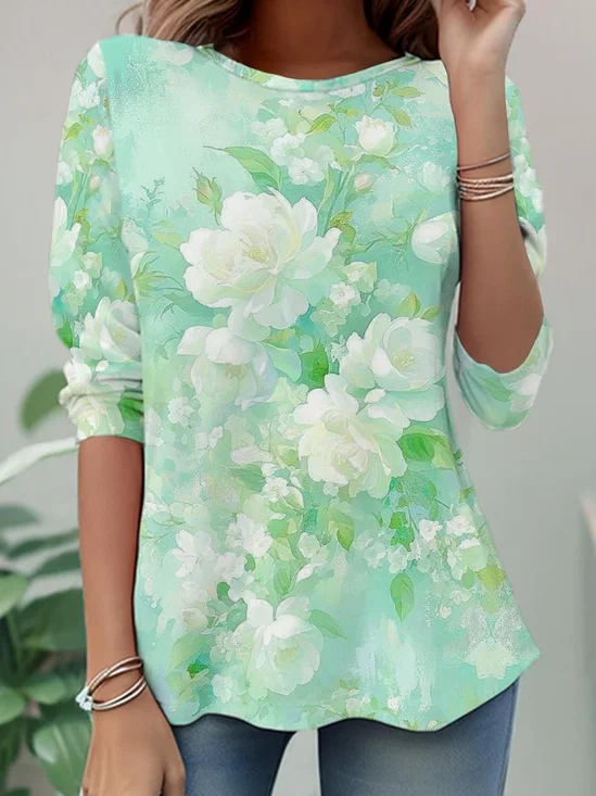 Casual Floral Crew Neck Long Sleeve T-shirt