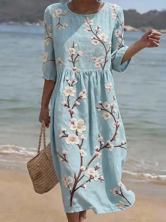 Women Floral Summer Printing Dress Crew Neck Half Sleeve H-Line Dress