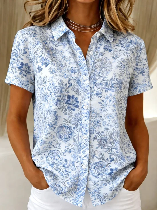 Shirt Collar Short Sleeve Floral Printing Regular Micro-Elasticity Loose Button Up Shirt Shirt For Women