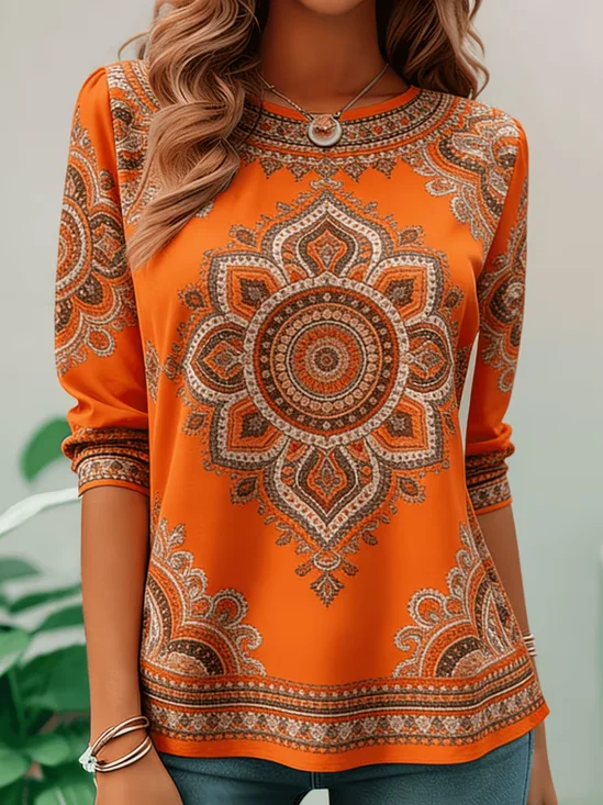 Casual Ethnic Crew Neck Long Sleeve T-shirt
