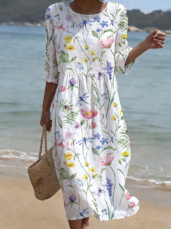 Women Floral Summer Printing Dress Crew Neck…