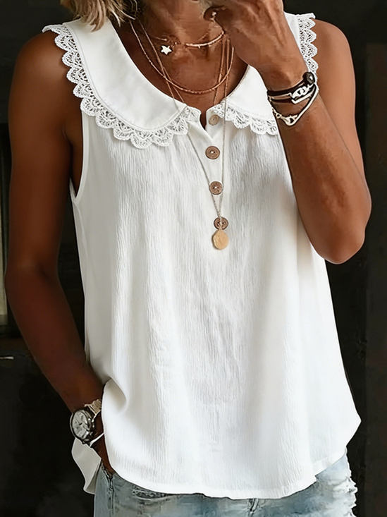 Shawl Collar Sleeveless Plain Regular Loose Shirt…