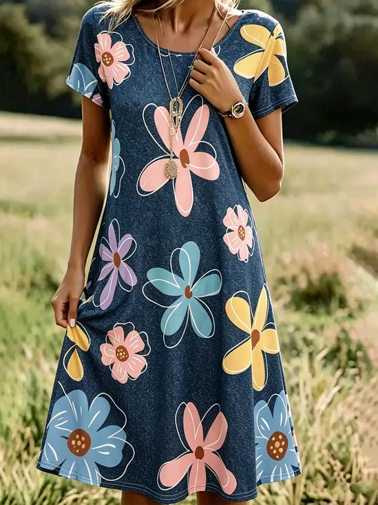 Women Faux Denim Print Graphic Summer Dress…