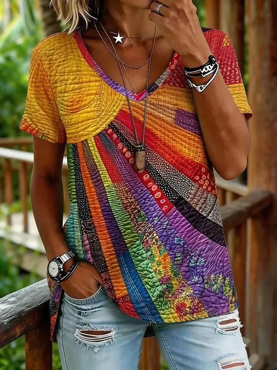 Vintage Geometric V Neck Short Sleeve T-shirt