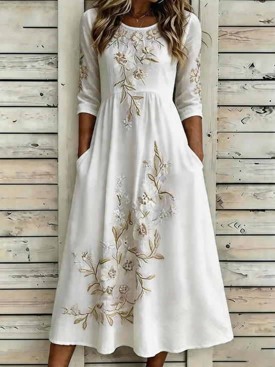 Women Floral Summer Dress Crew Neck Half Sleeve A-Line Dress