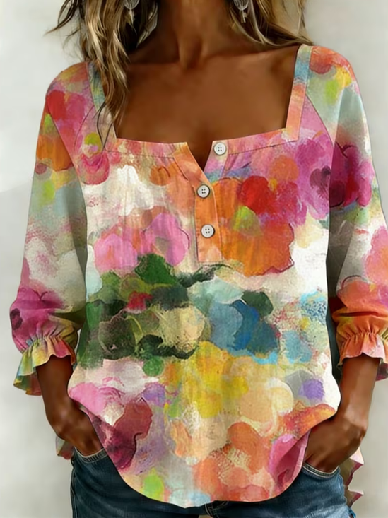 Square Neck Three Quarter Sleeve Abstract Printing Regular Micro-Elasticity Loose Blouse For Women