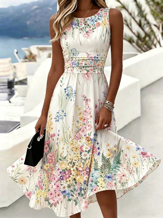 Women Floral Summer Dress Crew Neck Sleeveless…