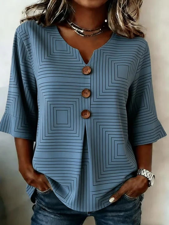 Women's V Neck Geometric Print Blouse Casual Half Sleeve Loose Button Accent Tunic Shirt