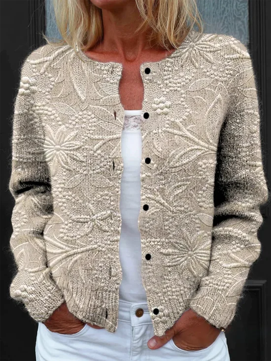Women Knitted Floral Long Sleeve Comfy Vintage Cardigan