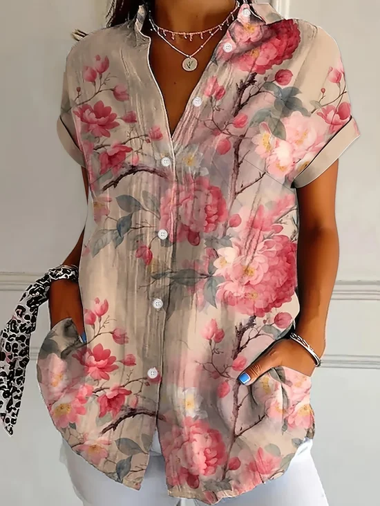 Shirt Collar Short Sleeve Floral Printing Regular Micro-Elasticity Loose Button Up Shirt Shirt For Women
