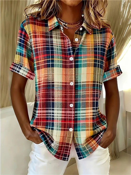 Shirt Collar Short Sleeve Plaid Printing Regular Micro-Elasticity Loose Button Up Shirt Shirt For Women