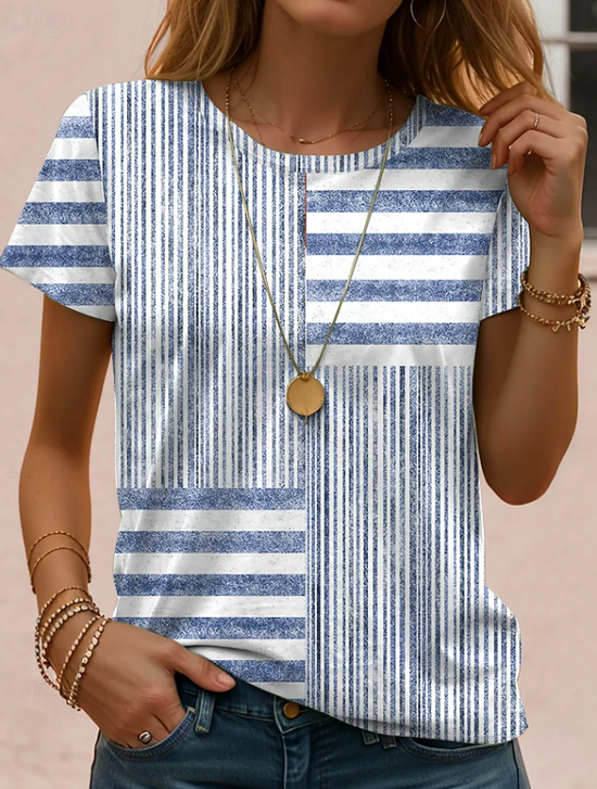 Casual Striped Crew Neck Short Sleeve T-shirt