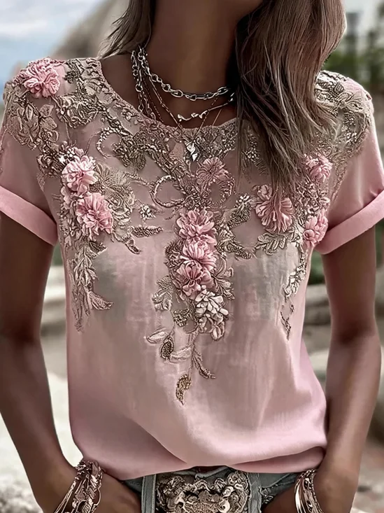 Vintage Floral Crew Neck Short Sleeve T-shirt