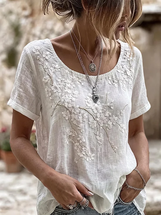 Vintage Floral Crew Neck Short Sleeve T-shirt