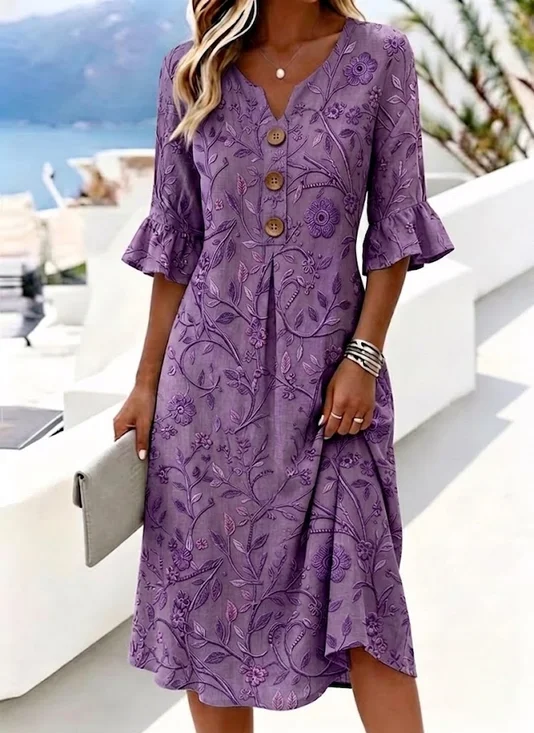 Women Floral Summer Dress V Neck Half Sleeve H-Line Dress