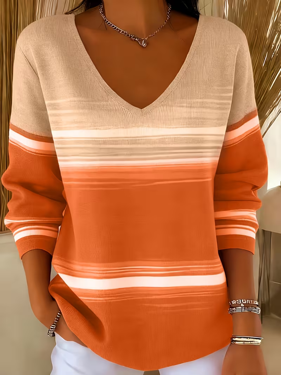 Casual Abstract V Neck Long Sleeve T-shirt