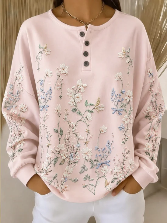 Casual Henley Collar Floral Sweatshirt