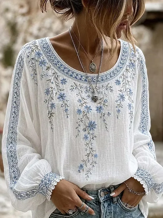 Crew Neck Long Sleeve Floral Lightweight Micro-Elasticity…