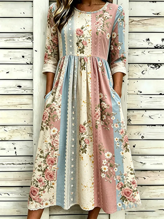 Women Floral Summer Printing Dress Crew Neck Half Sleeve H-Line Dress