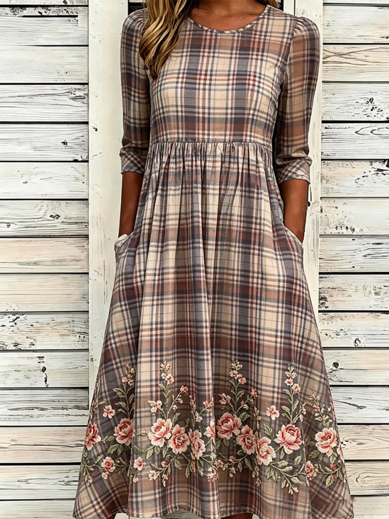 Women Floral Summer Printing Dress Crew Neck Half Sleeve H-Line Dress