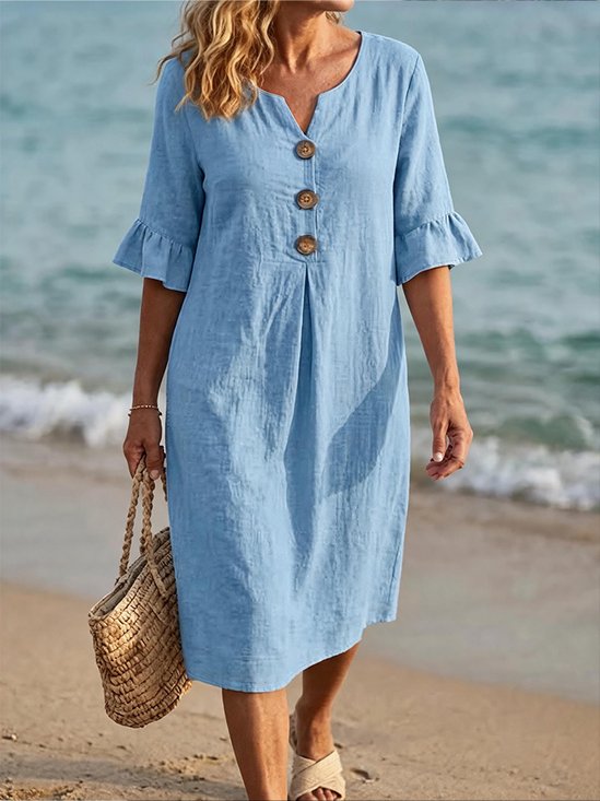 Women Plain Summer Dress Notched Half Sleeve Shirt Dress H-Line Dress