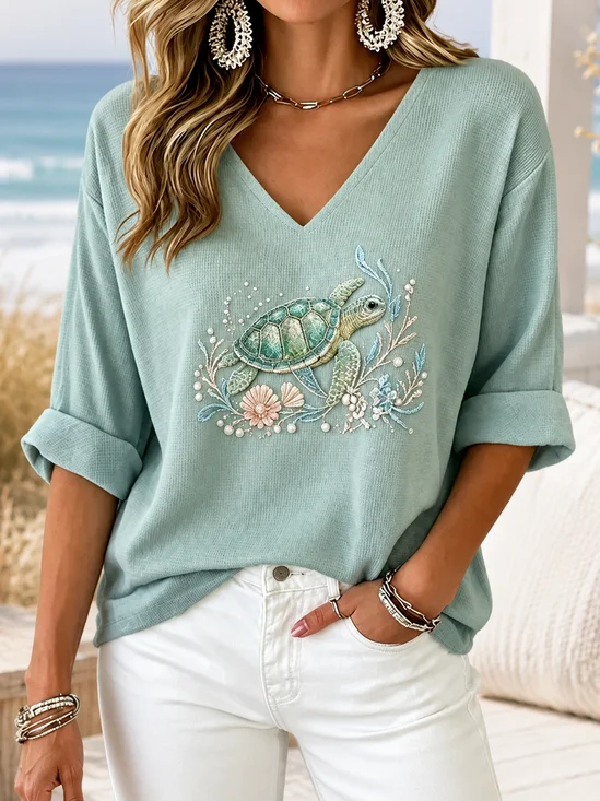 Vintage Marine Life V Neck Half Sleeve…