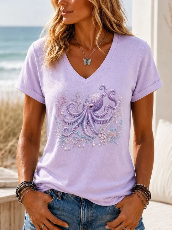 Casual Marine Life V Neck Short Sleeve…