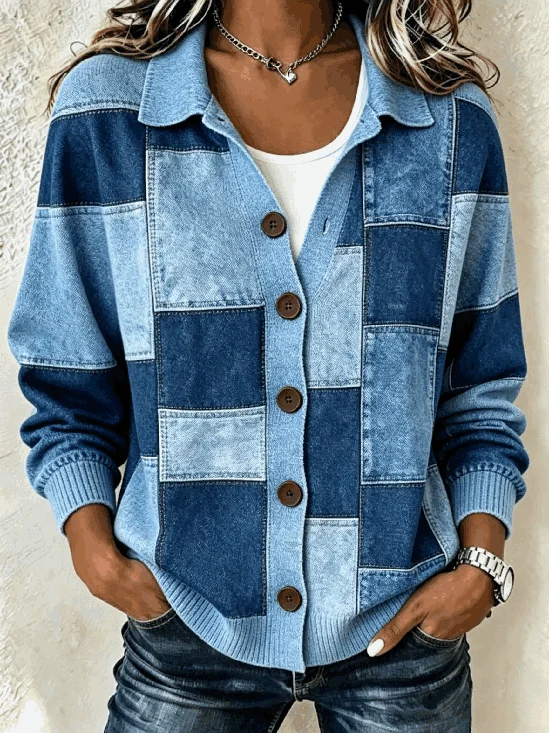Women Multicolor Block Long Sleeve Comfy Vintage…