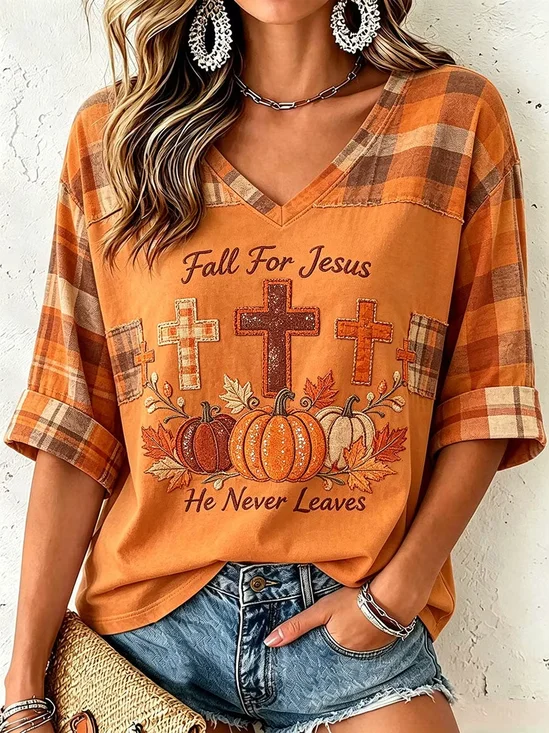 Casual Plaid V Neck Half Sleeve T-shirt