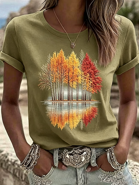 Casual Maple Leaf Crew Neck Short Sleeve…