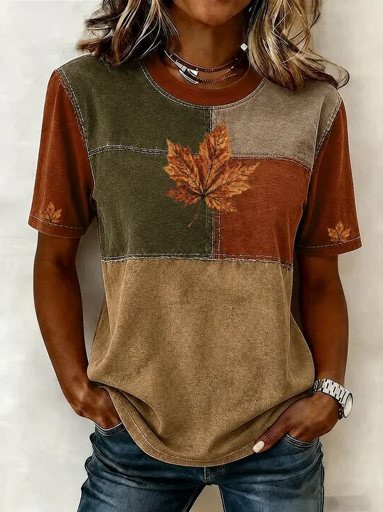 Casual Maple Leaf Crew Neck Short Sleeve…