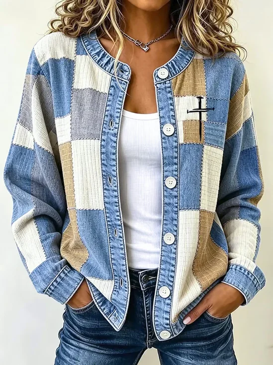 Women Spring/Fall Outerwear Vintage Color Block Long…