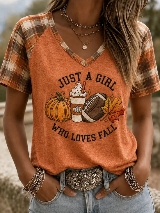 Vintage Plaid V Neck Short Sleeve T-shirt