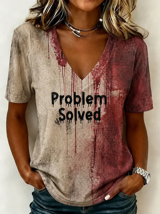 Vintage Text Letters V Neck Short Sleeve…