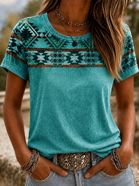 Casual Ethnic Geometry Crew Neck Short Sleeve…
