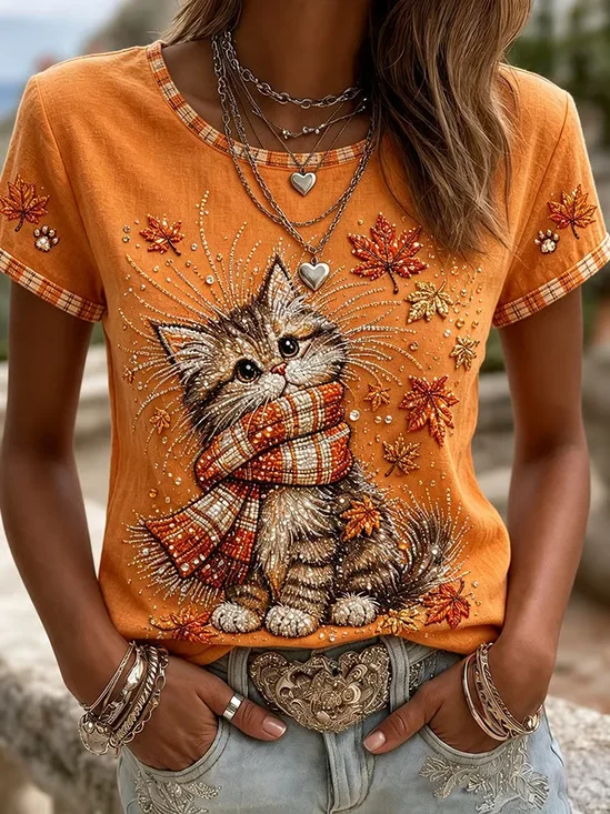 Casual Cute Cat Crew Neck Short Sleeve…